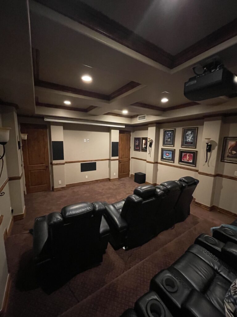 home theater with large screen and projector
