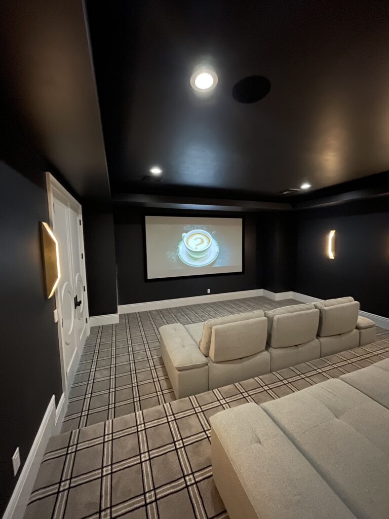 home theater with large screen and projector