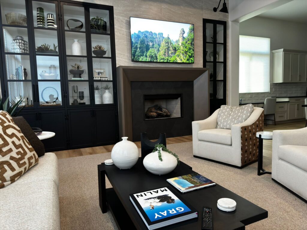 tv hanging in a living room to look like art